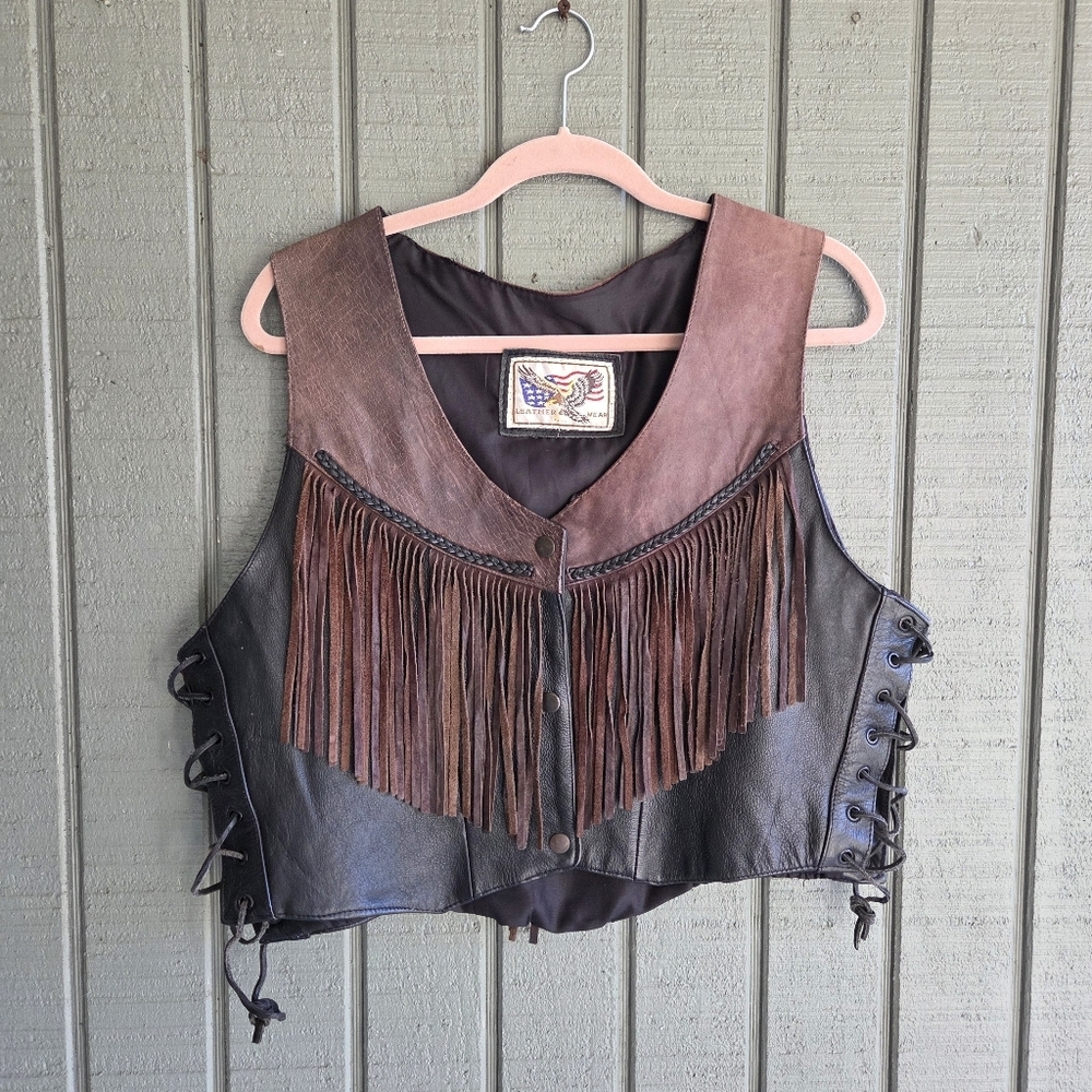 Vintage western biker Fringed Leather Vest with Lace-Up Sides L/XL - Picture 2 of 6